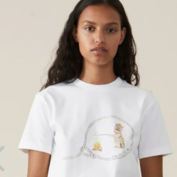 Ganni Harris Cat White Tee Shirt Cowboy 